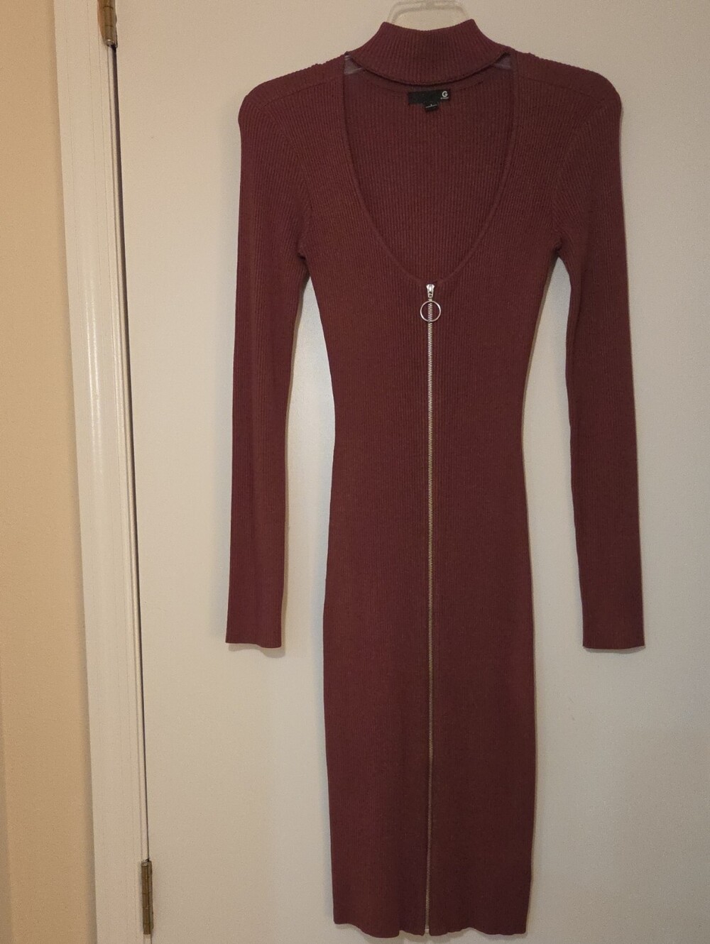 G by Guess Ribbed Zip-Front Long Sleeve Dress - Mauve Rose